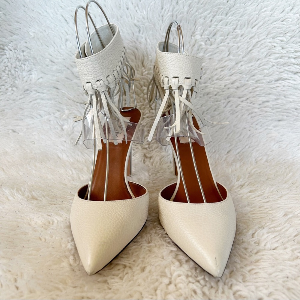 Valentino C-Rockee White Leather Illusion Fringe Ankle Wrap Heels Size EU 38.5 - Picture 5 of 15